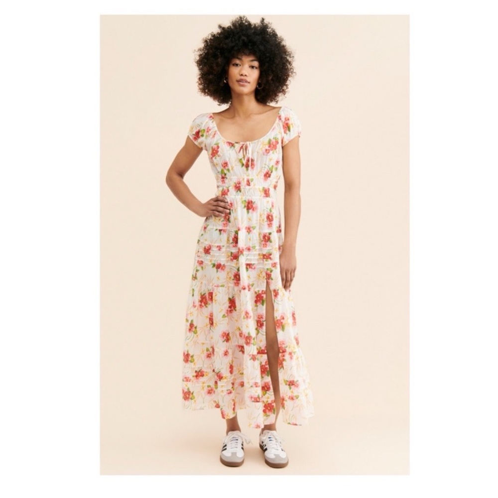 New! LoveShackFancy Magdalene Floral Ruffle Cotton Midi Dress in Pink Hibiscus - Picture 2 of 16